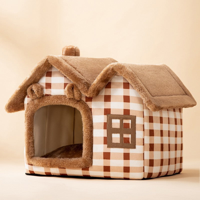 Foldable Pet Winter House With Bed &amp; Kennel Removable Warm Enclosed Cave Sofa
