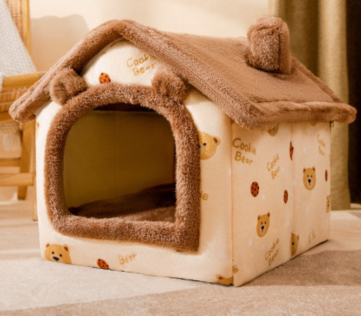 Foldable Pet Winter House With Bed &amp; Kennel Removable Warm Enclosed Cave Sofa