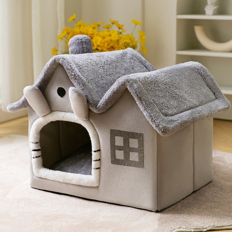 Foldable Pet Winter House With Bed &amp; Kennel Removable Warm Enclosed Cave Sofa