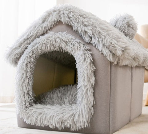Foldable Pet Winter House With Bed &amp; Kennel Removable Warm Enclosed Cave Sofa