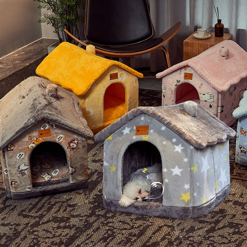 Foldable Pet Winter House With Bed &amp; Kennel Removable Warm Enclosed Cave Sofa