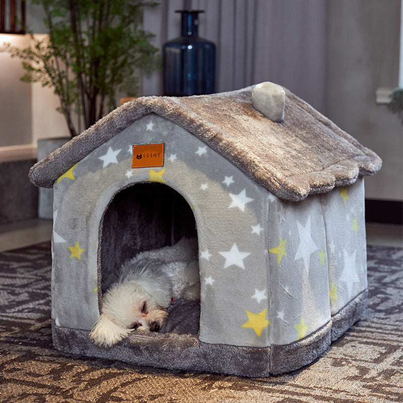 Foldable Pet Winter House With Bed &amp; Kennel Removable Warm Enclosed Cave Sofa