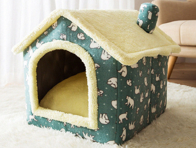 Foldable Pet Winter House With Bed &amp; Kennel Removable Warm Enclosed Cave Sofa