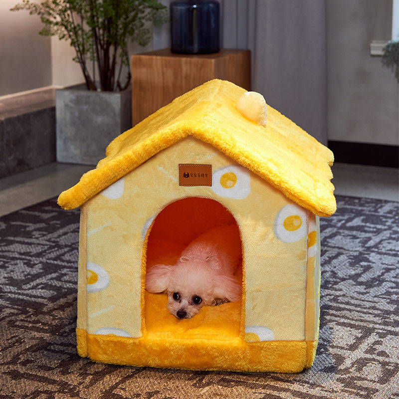 Foldable Pet Winter House With Bed &amp; Kennel Removable Warm Enclosed Cave Sofa