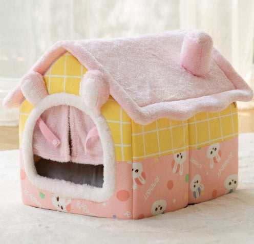 Foldable Pet Winter House With Bed &amp; Kennel Removable Warm Enclosed Cave Sofa