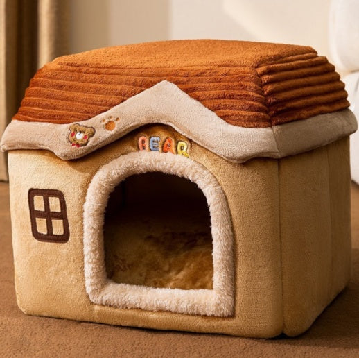 Foldable Pet Winter House With Bed &amp; Kennel Removable Warm Enclosed Cave Sofa